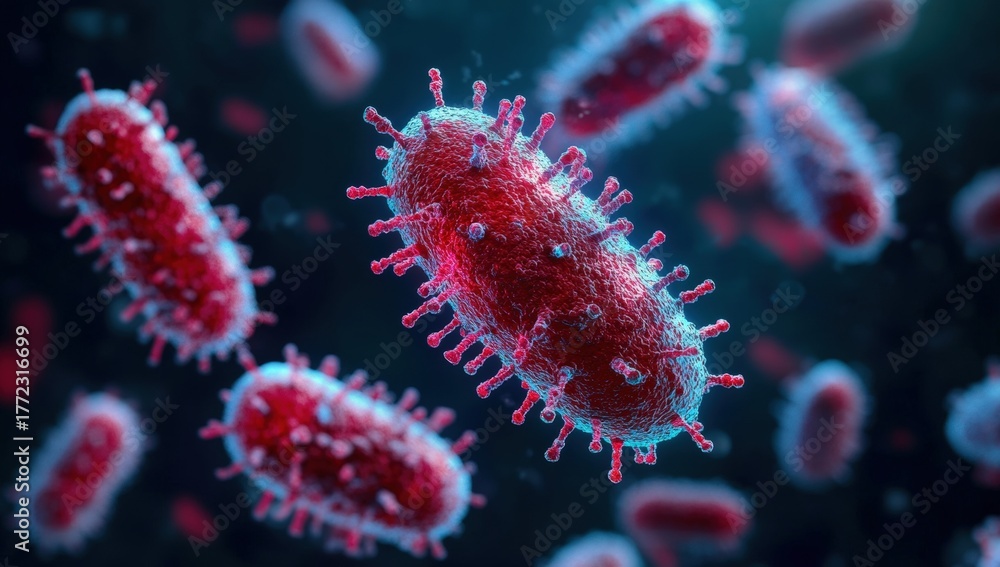 Fototapeta premium A vivid depiction of bacteria, showcasing their intricate structure and vibrant colors in a microscopic view.