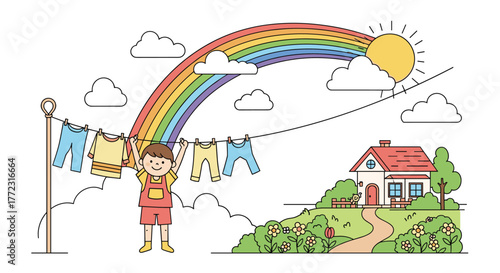 A cheerful child hangs laundry on a clothesline under a vibrant rainbow and bright sun, with a charming house nestled in a flowery garden.