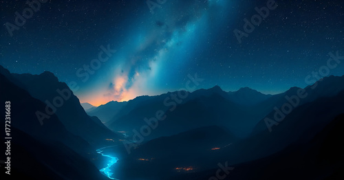 abstract wallpaper of night light view of mountains with flowing river, Generative AI