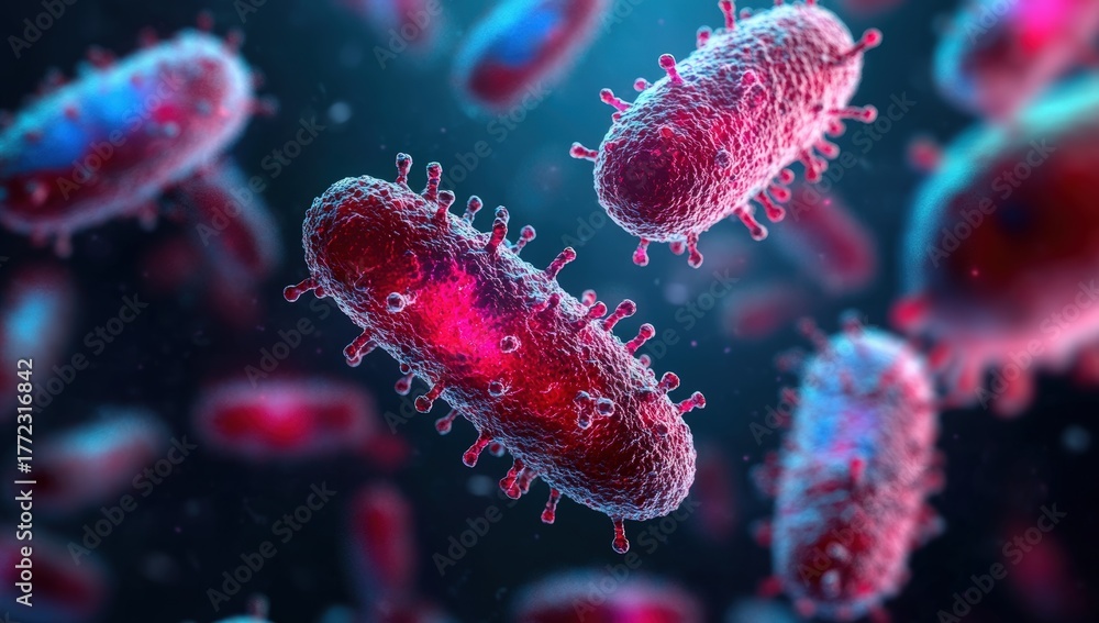 Naklejka premium A close-up view of bacteria under a microscope, displaying vibrant colors and intricate details of their structures in a dark background.