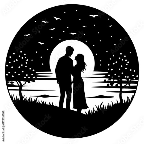 Romantic couple silhouette under moonlit sky by water isolated on white background silhouette