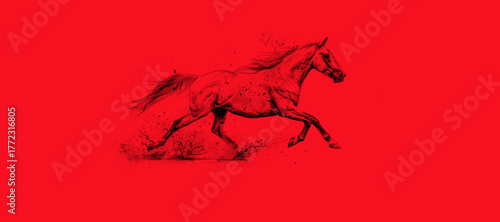 Beautiful silhouette of a horse on a red background. a galloping horse. Artistic image. Copy space. banner. copy space