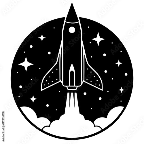 Black silhouette of a rocket launching into starry space isolated on white background silhouette