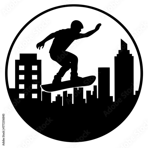 Skateboarder performing a trick over a city skyline silhouette isolated on white background silhouette