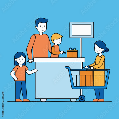 Family at grocery store checkout with shopping cart and gift isolated on white background silhouette