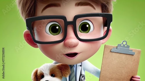 Cartoon veterinarian holding a puppy on green background