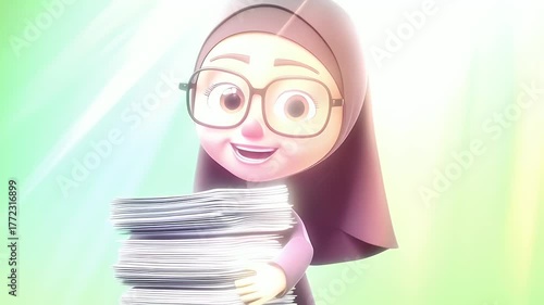 Cartoon woman holding documents against a green backdrop