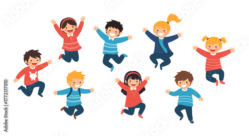 A cheerful group of diverse school-aged children are happily jumping and smiling with arms outstretched on a white background.
