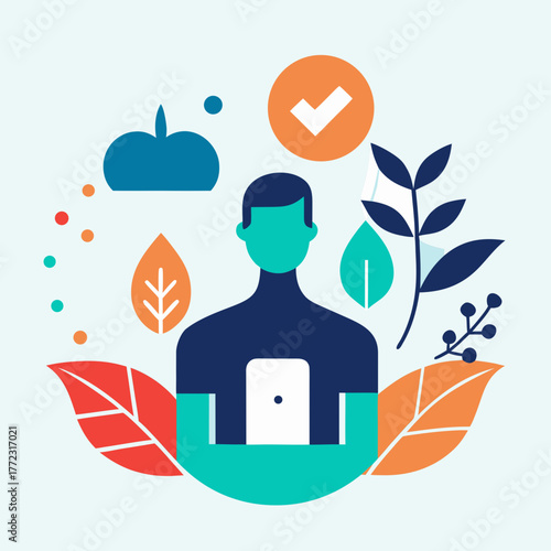 Stylized human figure holding tablet surrounded by nature elements silhouette isolated on white background