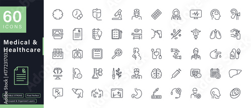 60 Medical and Healthcare Outline Icons Set Hospital Doctor Clinic Elements