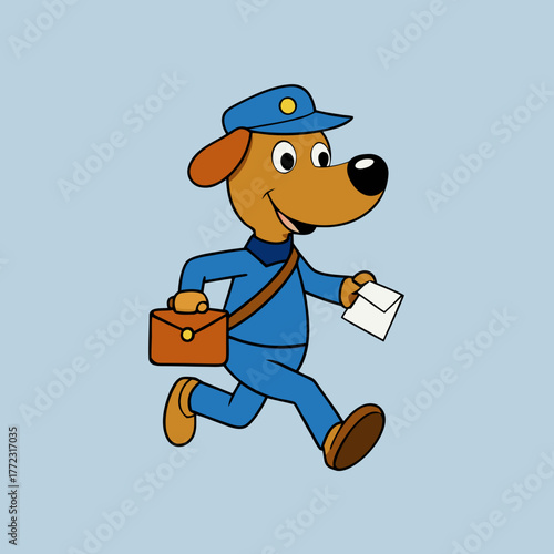 Cartoon dog mail carrier in blue uniform with satchel and letter isolated on white background silhouette