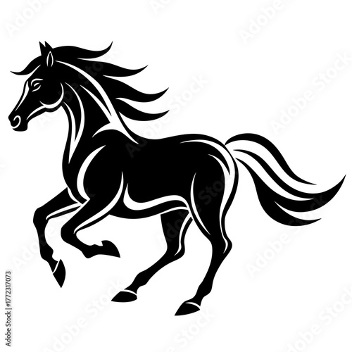 Stylized black horse galloping silhouette isolated on white background