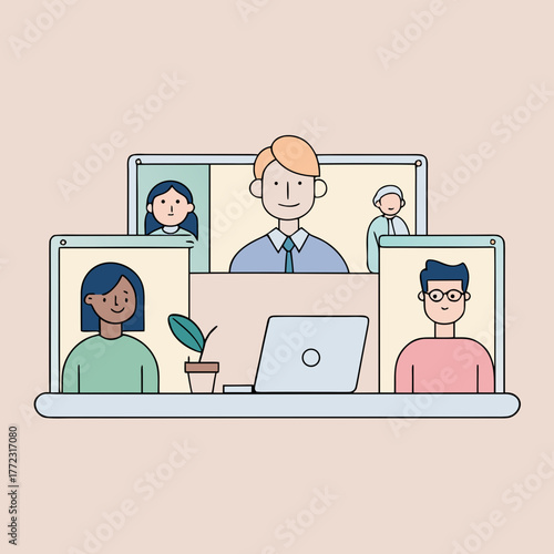 Diverse group of people in a video conference call silhouette isolated on white background
