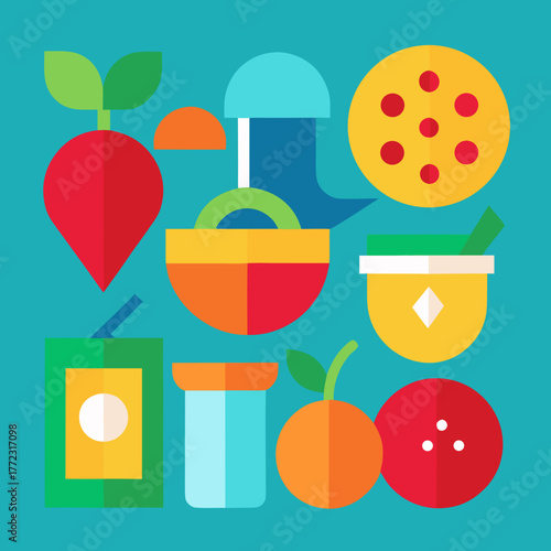 Colorful geometric food and drink icons collection isolated on white background silhouette