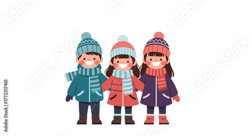 Three happy diverse children, dressed in warm winter coats, hats, and scarves, smiling brightly while standing together, representing friendship and seasonal joy.