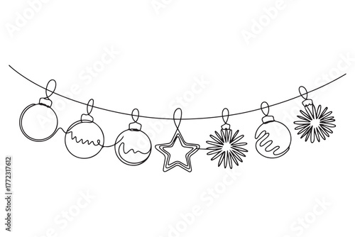 Merry Christmas decoration. Continuous one line art. Holiday greeting card Christmas ball, star and tinsel. one line Icon drawing with white background