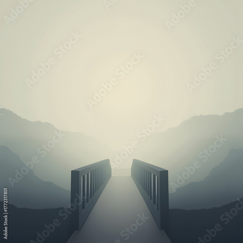 Mysterious bridge fading into foggy mountains, exploration concept