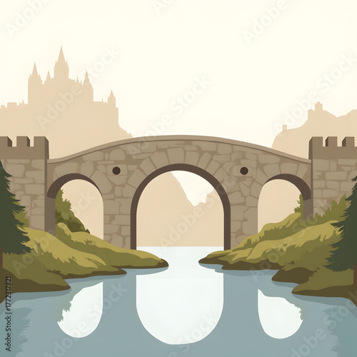 Stone medieval bridge reflecting on tranquil water, timeless architecture