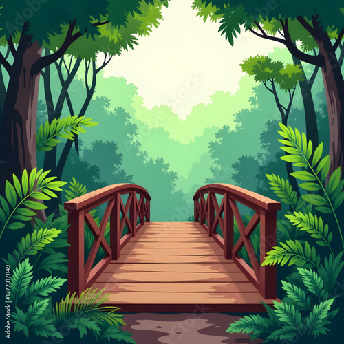 Bridge amidst lush jungle forest, tranquility and nature