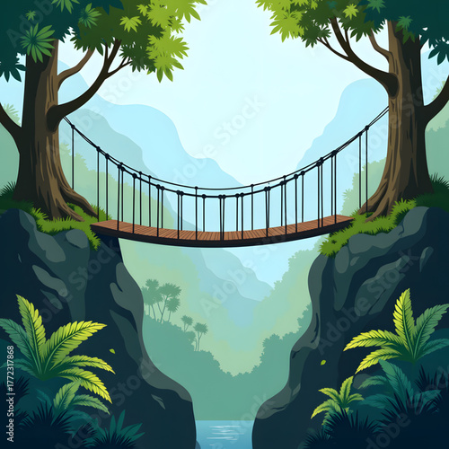 Suspension bridge over gorge with jungle trees, adventure awaits