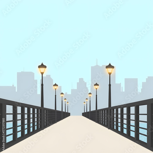 Minimalist bridge with lamp posts under clear sky, urban tranquility