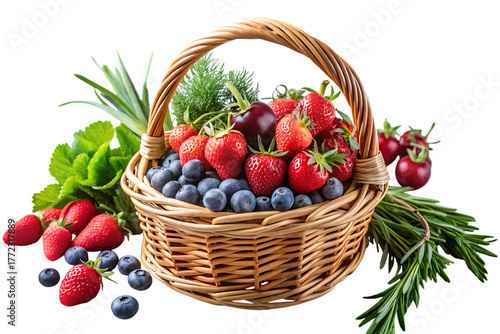 Organic produce in a rustic wicker basket, Overflowing with fresh strawberries, blueberries, cherries and greens, cutout, PNG, isolated on white or transparent background, AI