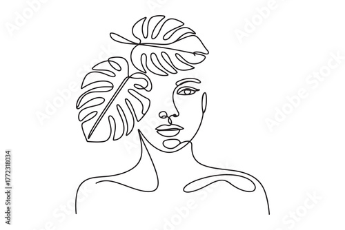 Beauty woman face with monstera leaves One Line drawing art. Continuous line icon. one line Icon drawing with white background