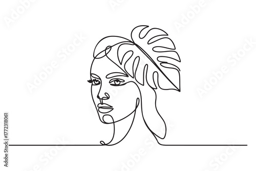 Beauty woman face with monstera leaves One Line drawing art. Continuous line icon. one line Icon drawing with white background