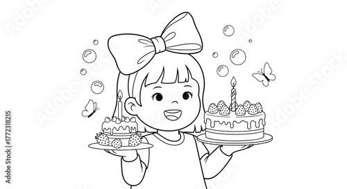 A happy cartoon girl with a big bow in her hair holds two birthday cakes decorated with strawberries and candles, ready for a celebration.