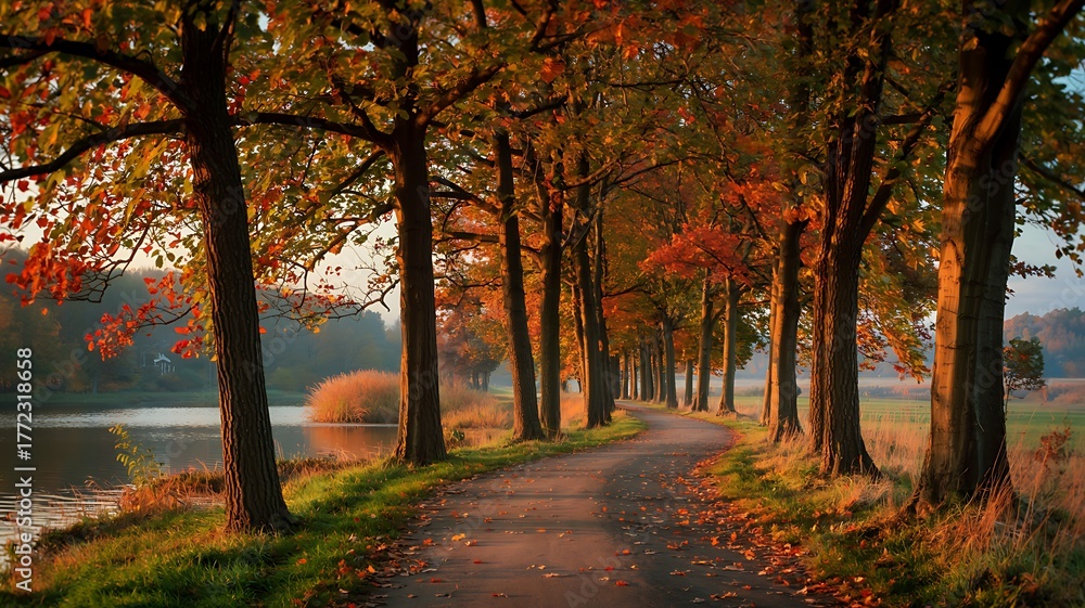 Naklejka premium A picturesque tree lined pathway beside a tranquil lake during the vibrant colors of autumn foliage season