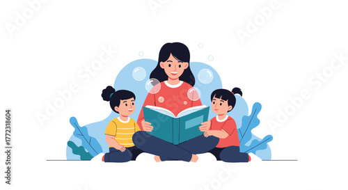 A loving mother reads an engaging storybook to her two happy children, fostering their imagination and early learning.