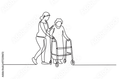 Continuous line drawing. Young woman help old woman using a walking frame. one line Icon drawing with white background