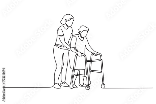 Continuous line drawing. Young woman help old woman using a walking frame. one line Icon drawing with white background
