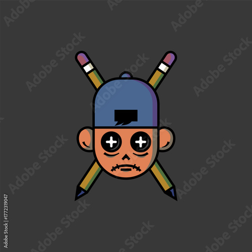 Boy with Blue Cap and Crossed Pencils.eps