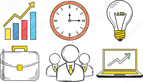 Colorful hand-drawn business icons with bar graph, clock, lightbulb, briefcase, and laptop