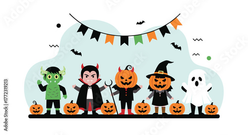 Joyful children in diverse Halloween costumes, including monster, vampire, jack-o'-lanterns, and a ghost, with pumpkins and bats.