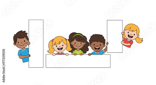 Cheerful diverse cartoon children, boys and girls, happily peeking from behind blank white signs, offering ample copy space.