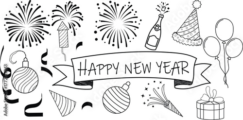Festive black and white hand-drawn New Year doodle set featuring banner, fireworks, balloons, gifts, party hats, and champagne