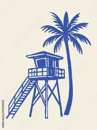 lifeguard tower and palm tree naive sketch line art vector