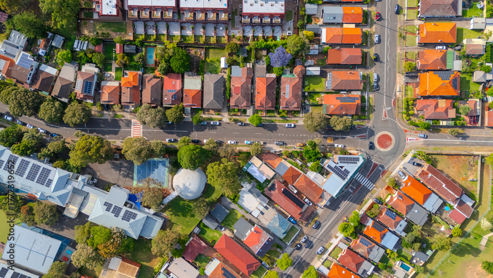 Fototapeta premium Panorama aerial drone view of western Sydney Suburbs of Canterbury Burwood Ashfield Marrickville Campsie with Houses roads and parks in Sydney New South Wales NSW Australia