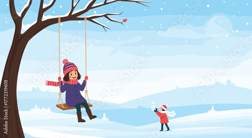 Two children joyfully playing in a snowy winter landscape, with one girl swinging from a tree and another child making a snowman.
