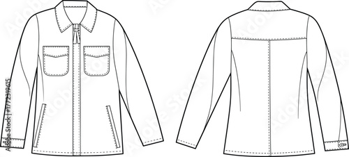 Cad drawing flat vector illustration, technical fashion jacket sketch front back view, apparel design template, garment construction, clothing pattern outline