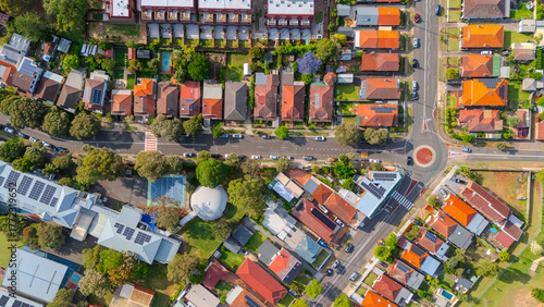 Panorama aerial drone view of western Sydney Suburbs of Canterbury Burwood Ashfield Marrickville Campsie with Houses roads and parks in Sydney New South Wales NSW Australia