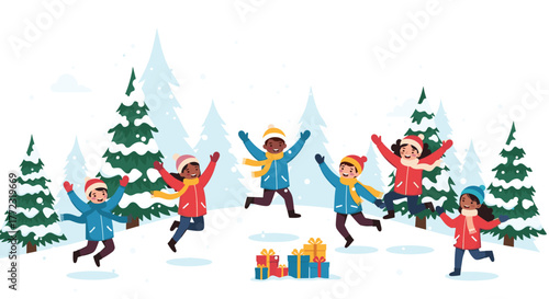 Happy multi-ethnic children in warm winter clothing jump and play in a snowy forest surrounded by pine trees, celebrating the festive season.