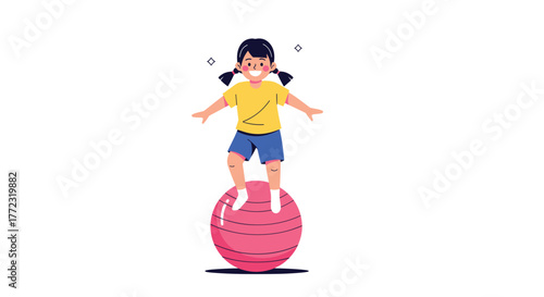 A cheerful cartoon girl with pigtails practices her balance skills by standing on a large pink exercise ball, smiling happily.