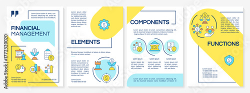 Financial management blue and yellow brochure layout. Strategy planning. Economy markets. Leaflet advertising design with color line icons. Editable 4 pages. Questrial, Lato-Regular fonts used