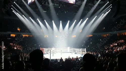 Large Crowd Watching Boxing Ring Under Bright Arena Lights