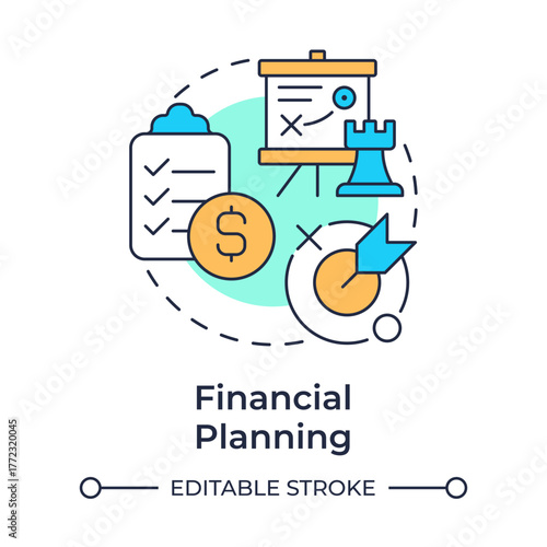 Financial planning multi color concept icon. Business goal. Marketing strategy. Task board. Round shape line illustration. Abstract idea. Graphic design. Easy to use in infographic, presentation
