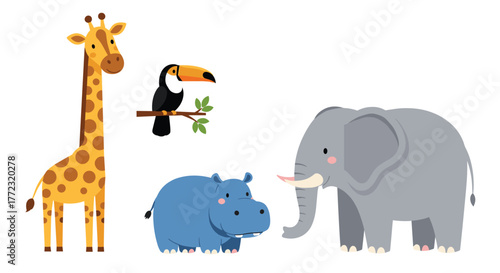 A cheerful collection of cartoon-style safari animals including a giraffe, toucan, hippopotamus, and elephant on a white background.