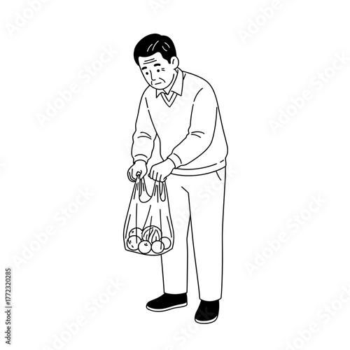 Senior man struggling to open a plastic bag with produce items  